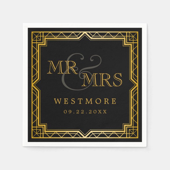Vintage Elegant Art Deco Black Gold Wedding Napkin (Front)