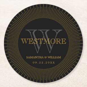 Vintage Elegant Art Deco Black Gold Wedding Round Paper Coaster