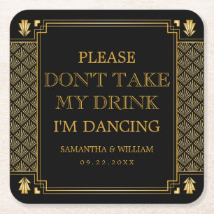 Vintage Elegant Art Deco Black Gold Wedding Square Paper Coaster