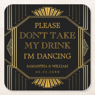 Vintage Elegant Art Deco Black Gold Wedding Square Paper Coaster