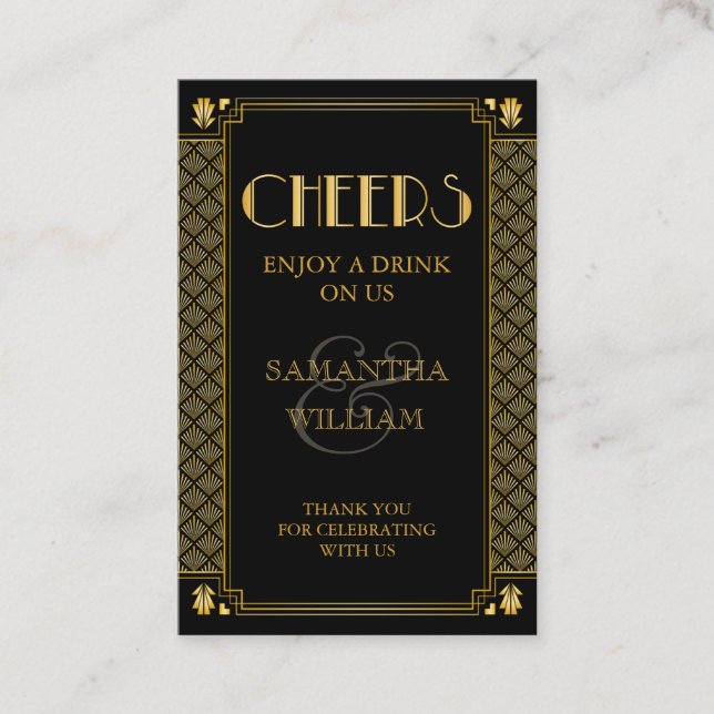 Vintage Elegant Art Deco Gold Wedding Drink Ticket (Front)
