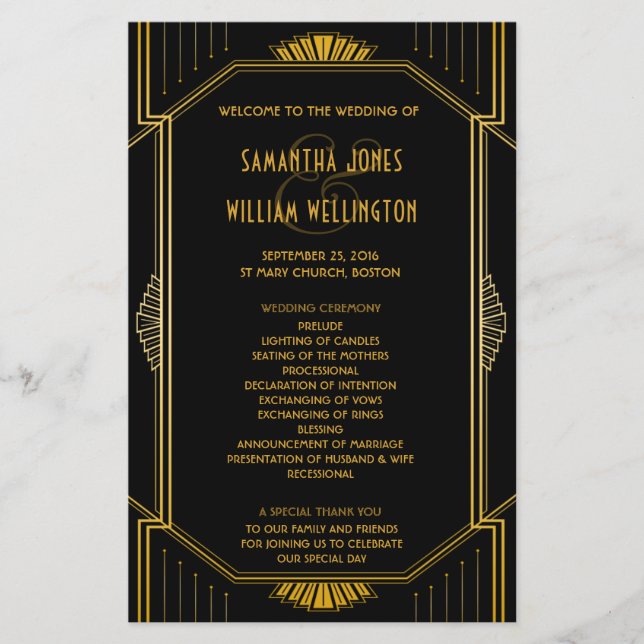 Vintage Elegant Art Deco Gold Wedding Program (Front)