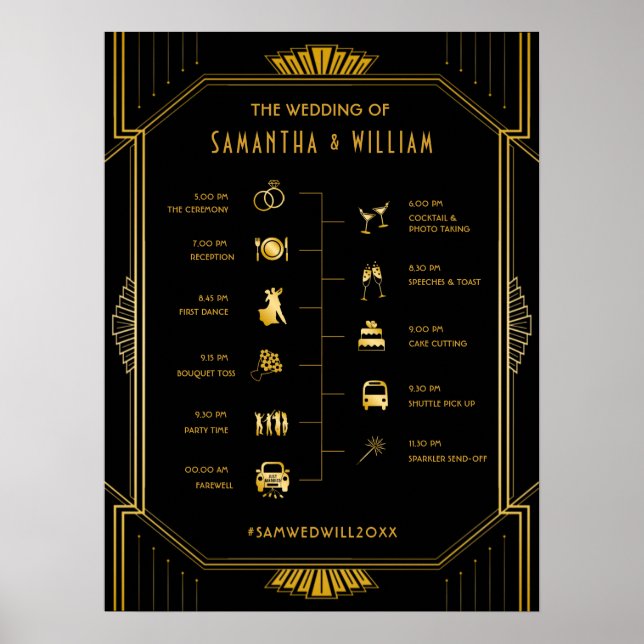 Vintage Elegant Art Deco Gold Wedding Timeline Poster (Front)