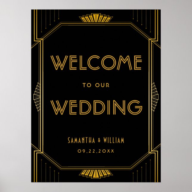 Vintage Elegant Art Deco Gold Wedding Welcome Sign (Front)