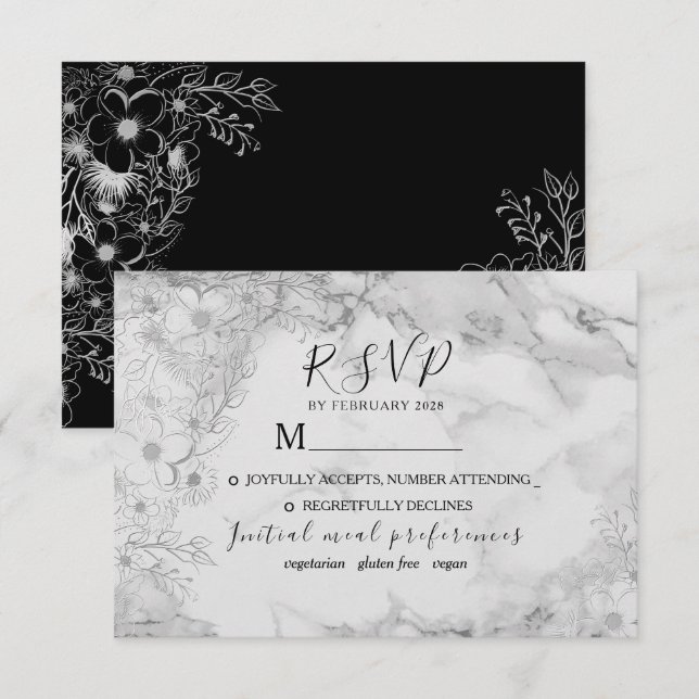 Vintage Elegant Black and White Wedding RSVP Card (Front/Back)