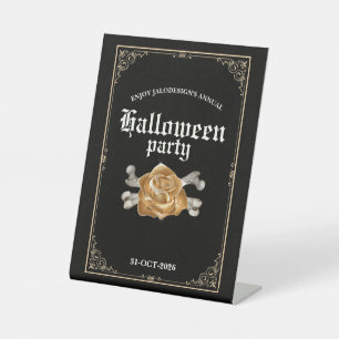 Vintage Elegant Black Golden Rose Halloween Party Pedestal Sign