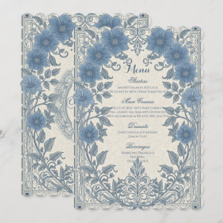 Vintage Elegant Blue Floral Botanical Wedding Menu