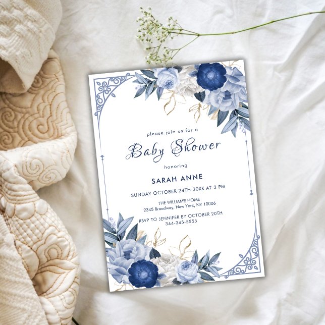 Vintage Elegant Blue Flower Frame Baby Shower Invitation (Vintage Elegant Blue Flower Frame Baby Shower Invitation)