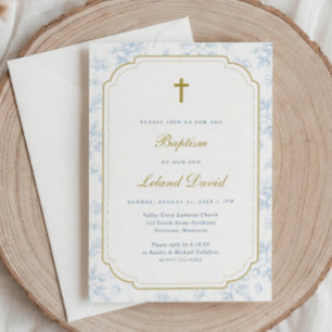 Vintage Elegant Blue Toile Baby Boy Baptism Invitation