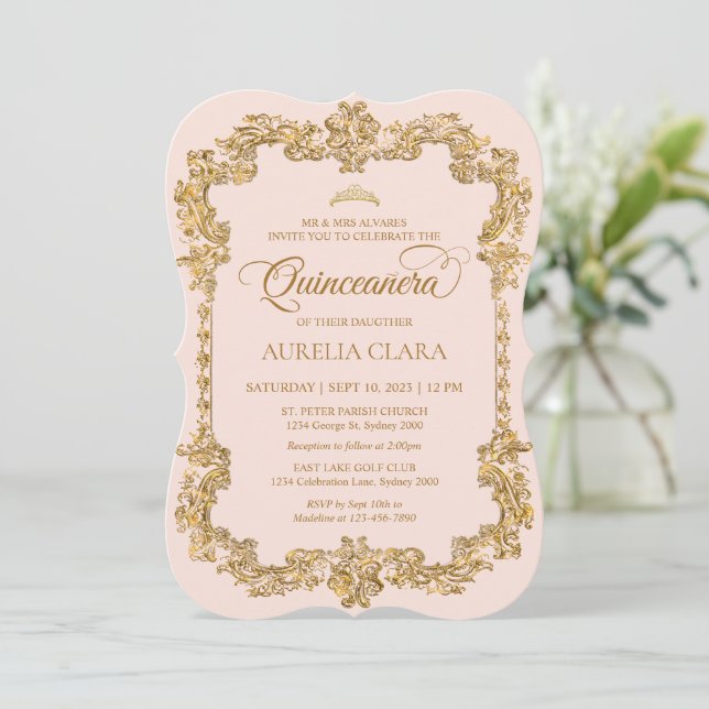 Vintage Elegant Blush Pink Gold Tiara Quinceanera Invitation (Standing Front)