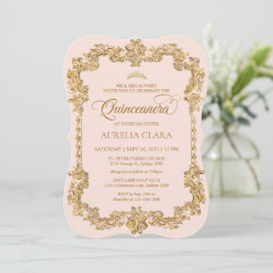 Vintage Elegant Blush Pink Gold Tiara Quinceanera Invitation