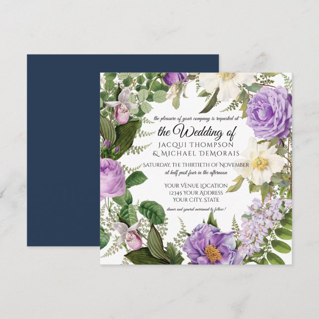 Vintage Elegant Botanical Floral Lavender Wedding Invitation (Front/Back)