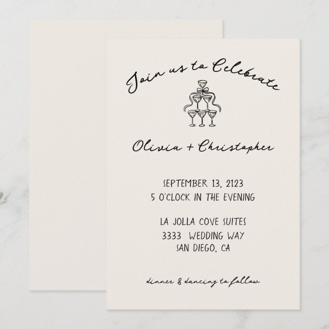 Vintage Elegant Bow Champagne Wedding Invitation (Front/Back)