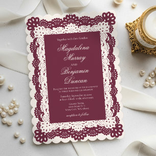 Vintage Elegant Burgundy Ivory Cream Lace Wedding Invitation