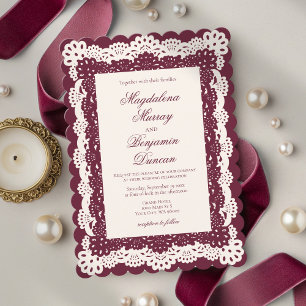 Vintage Elegant Burgundy Ivory Cream Lace Wedding Invitation