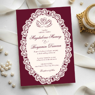 Vintage Elegant Burgundy Ivory Lace Swans Wedding Invitation