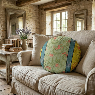 Vintage Elegant Chartreuse Floral Round Cushion