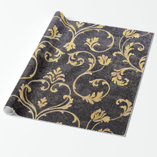 Vintage elegant chic black and gold floral damask wrapping paper