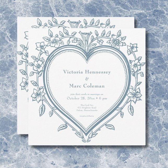 Vintage Elegant Chinoiserie Blue Heart Wedding Invitation (Vintage Elegant Chinoiserie Blue Heart Wedding Invitation)