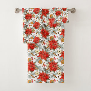 Vintage Elegant Christmas Watercolor Poinsettia Bath Towel Set