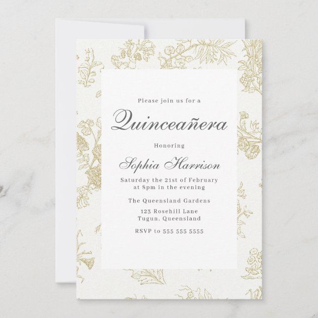 Vintage Elegant Classic Gold Floral Quinceanera  Invitation (Front)