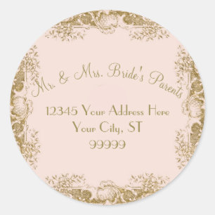 Vintage Elegant Classic Pink Gold Wedding Address Round Sticker