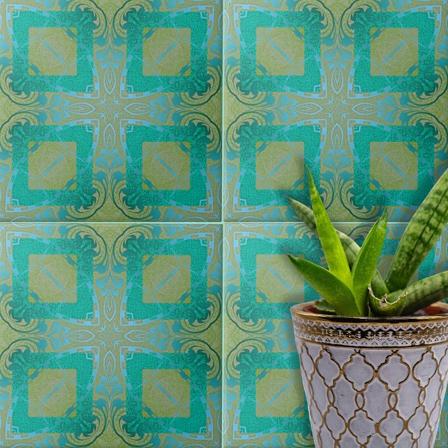 Vintage Elegant Damask Arabesque Teal and Gold Tile (Creator Uploaded)