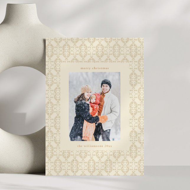 Vintage Elegant Damask Cream Christmas Photo Holiday Card (Creator Uploaded)