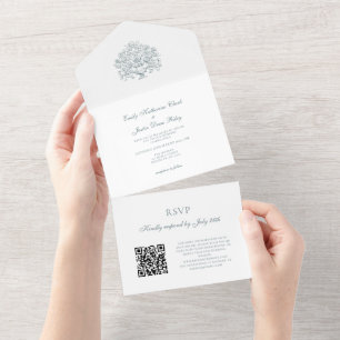 Vintage Elegant Dusty Blue Baroque QR Code Wedding All In One Invitation