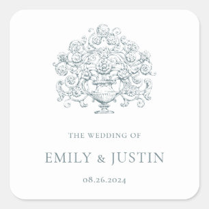 Vintage Elegant Dusty Blue Baroque Wedding Square Sticker