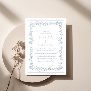 Vintage Elegant Dusty Blue Floral Frame Wedding Invitation
