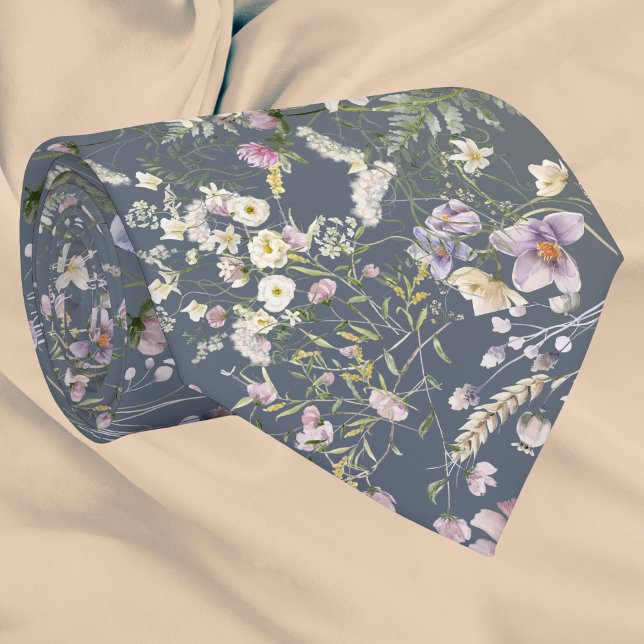 Vintage Elegant Dusty Blue Floral Wedding Necktie (Creator Uploaded)