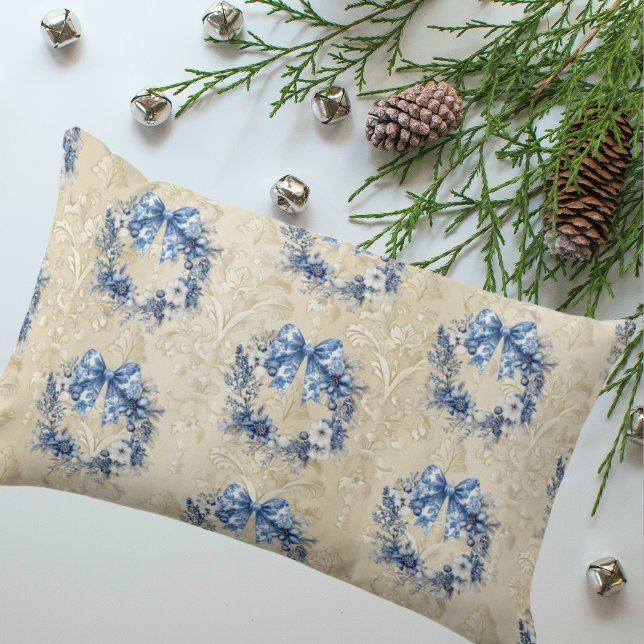 Vintage Elegant Ecru Antique Damask Lumbar Cushion (Vintage elegance! Chinoiserie holiday wreaths on a faded damask background)
