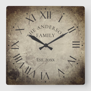 Vintage Elegant Family Name Roman Numeral Rustic Square Wall Clock