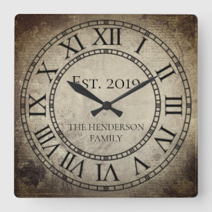 Vintage Elegant Family Name Roman Numeral Rustic  Square Wall Clock