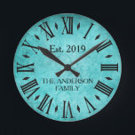 Vintage Elegant Family Name Roman Numeral Teal Round Clock<br><div class="desc">Beautiful, unique, one-of-a-kind shabby chic, vintage personalised design features a vintage Victorian lace background in teal green with your family name and year established in black typography. Personalise this clock by adding your own personal information. Makes a great wedding, anniversary, or housewarming gift. Click "personalise this template" to change the...</div>