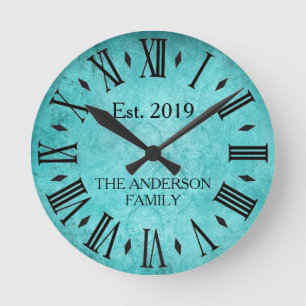 Vintage Elegant Family Name Roman Numeral Teal Round Clock