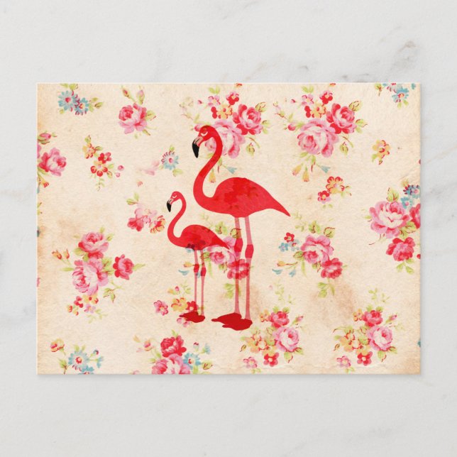 Vintage elegant flamingos red roses floral postcard (Front)