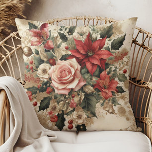 Vintage Elegant Floral Christmas Throw Pillow