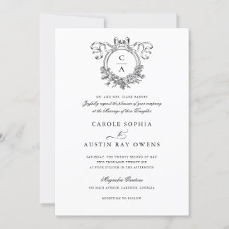 Vintage Elegant Floral Crest Bow Ribbon Wedding Invitation