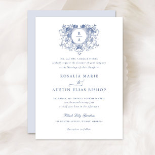 Vintage Elegant Floral Leaf Crest Monogram Wedding Invitation