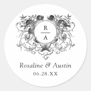 Vintage Elegant Floral Leafy Crest Wedding Classic Round Sticker