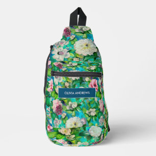 Vintage Elegant floral pink flowers blue monogram Sling Bag