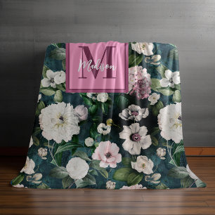 Vintage Elegant floral pink flowers green Fleece Blanket
