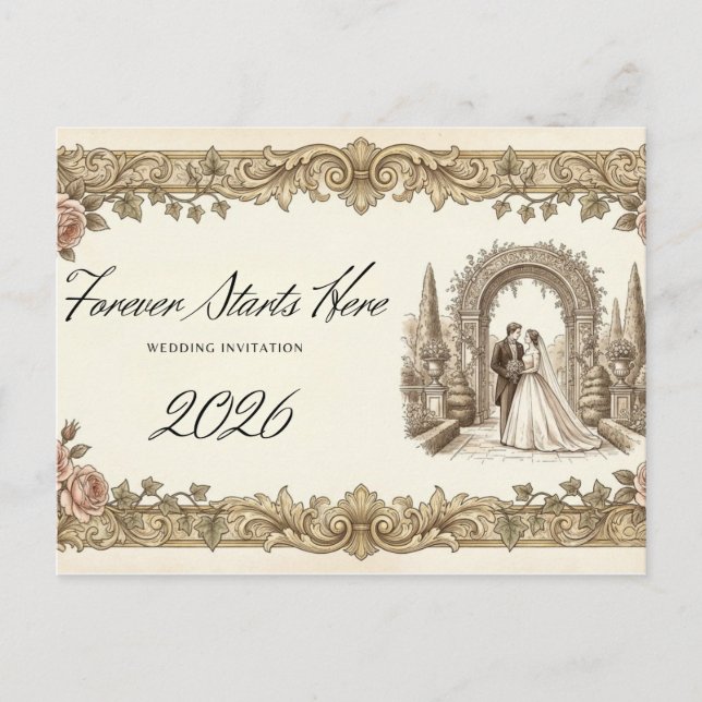 Vintage Elegant Floral Wedding Invitation Postcard (Front)