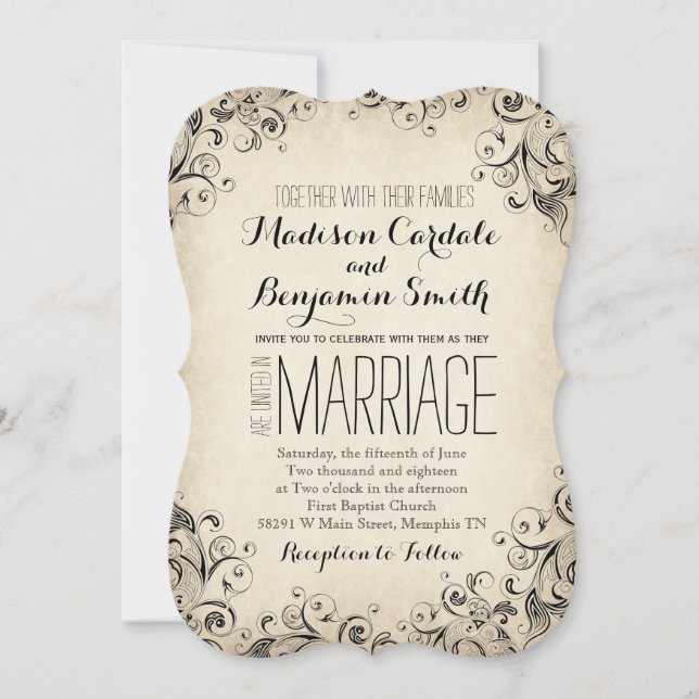 Vintage Elegant Flourish Rustic Wedding Invitation (Front)