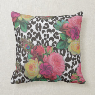 vintage elegant flowers cheetah peacock floral   cushion