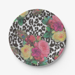 vintage elegant flowers cheetah peacock floral   paper plate