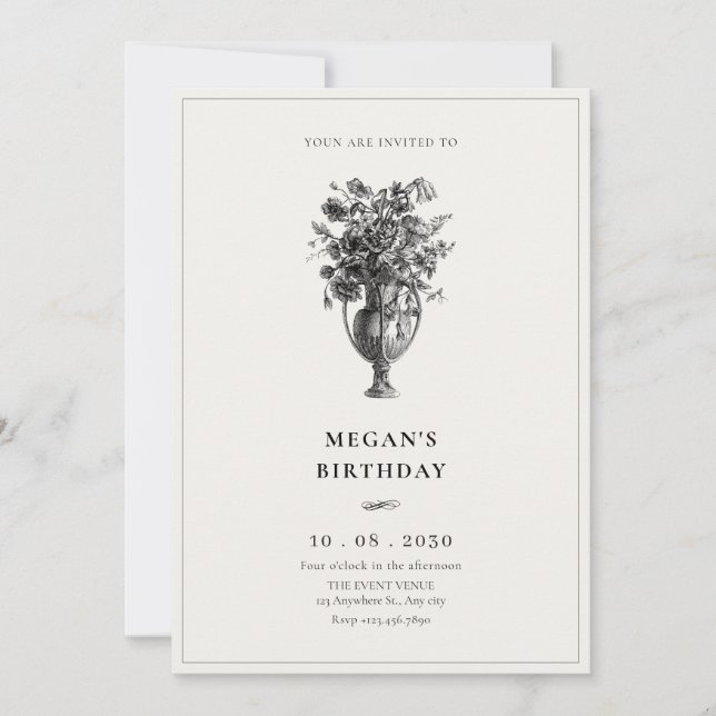 Vintage elegant flowers in antique vase birthday invitation (Front)