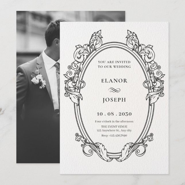 Vintage elegant frame art wedding photo invitation (Front/Back)